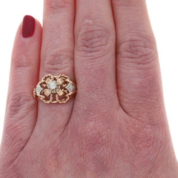 Yellow Gold Diamond Art Deco Ring - 18k Mine .18ctw Vintage Floral - Picture 2 of 5
